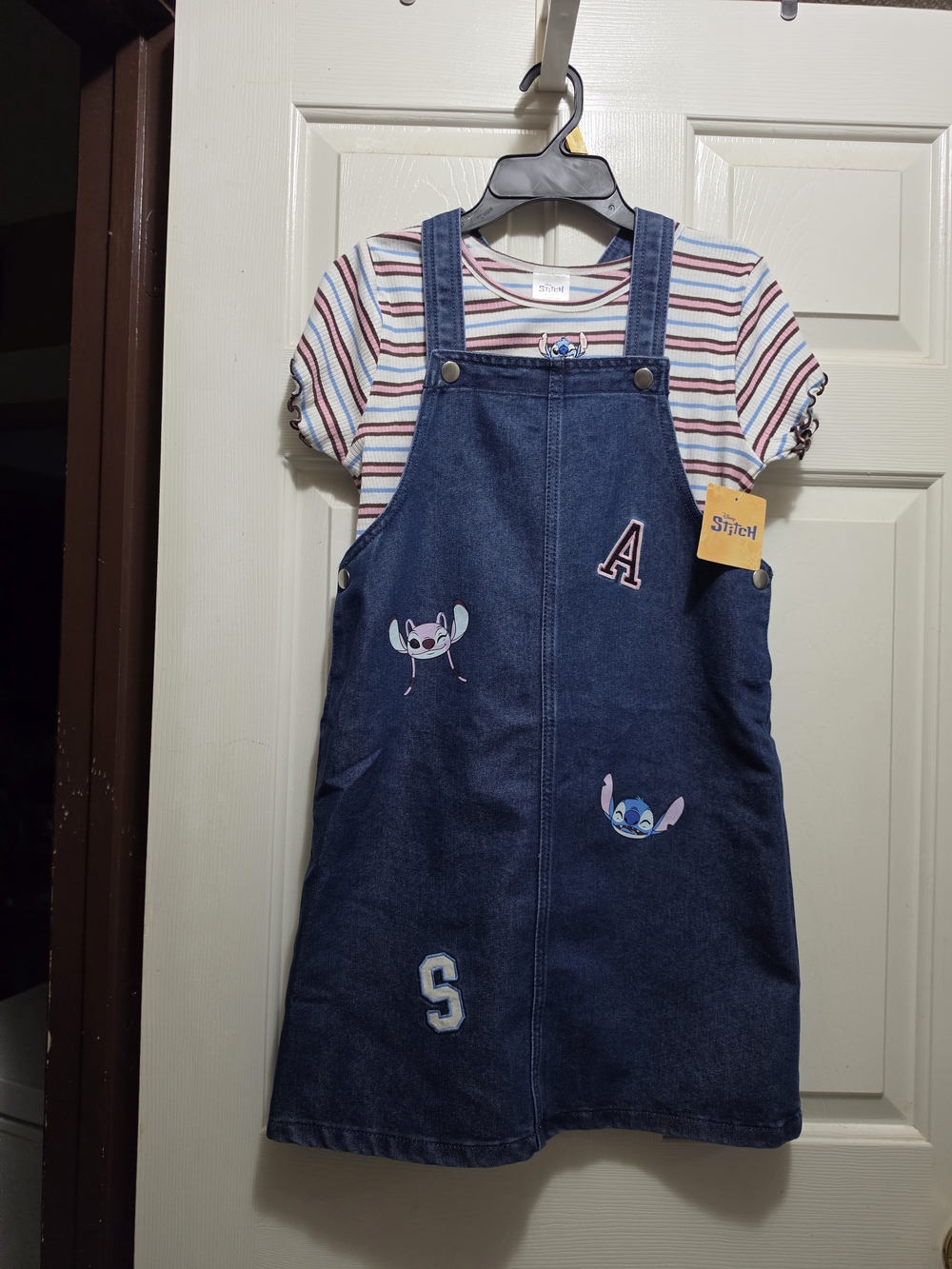 Stitch Blue Denim Overall Dress with Striped Tee